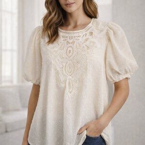 Oak & Trellis Women's Lined Cream Colored Lace Top Crochet Bust Round Neck XL